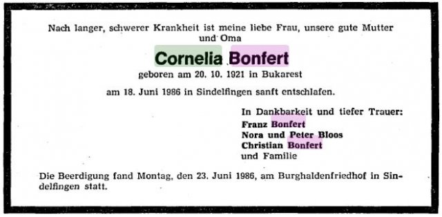 Schattenberg Cornelia 1921-1986 Todesanzeige